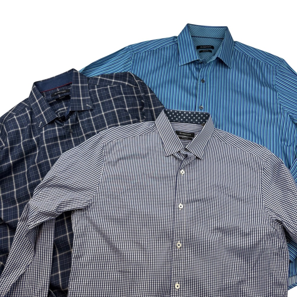 Bugatchi Shaped Fit Dress Shirts Mens lot of‎ 3 size large Blue Gingham Plaid